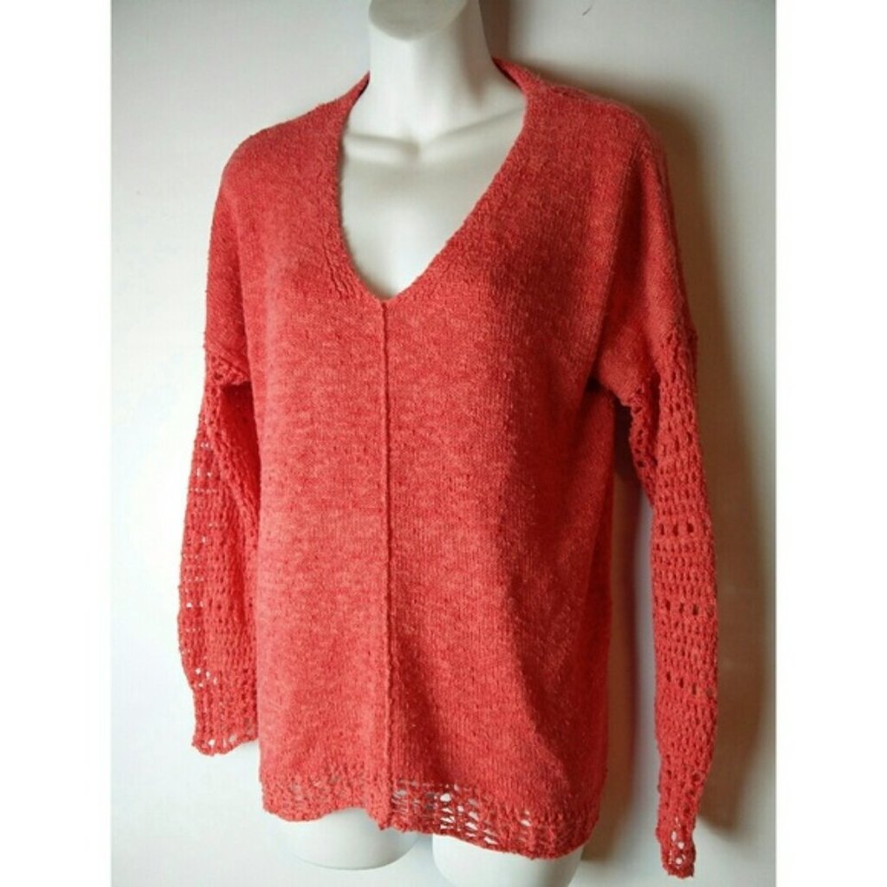 Lucky Brand cotton lace trim sweater in coral red pink L